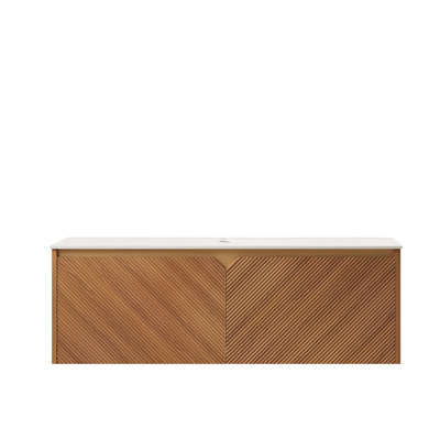 Armoire de salle de bain murale flottante en chêne brun 48 po avec plateau en pierre frittée blanche