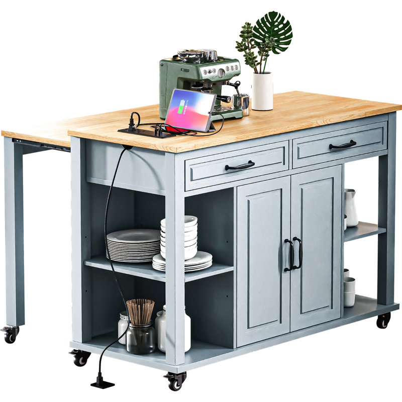 47.2" X 19.7" Kitchen Island, Rubber Wood Veneer, Extendable Dining Table, Internal Storage, Power Outlet, 6+2 Wheels, Soft - Close Hinges Island With 2 Drawers, Cabinets, Storage Rack, Mobile And