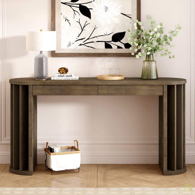 59-Inch Long Console Table, Veneer Sofa Table,Curved And Straight Line Design,Behind The Couch, Farmhouse Entryway Table For Entrance, Hallway, Living Room
