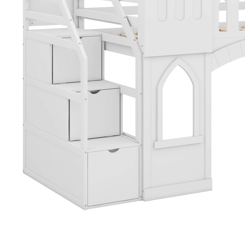 Twin Size Loft Bed With Window And Storage Staircase, White