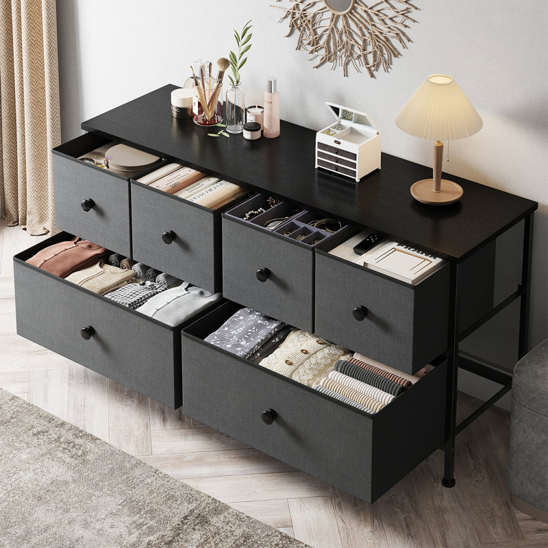 Meuble télé avec commode 6 tiroirs pour commode de chambre à coucher, commodes et commodes, Gris / noir
