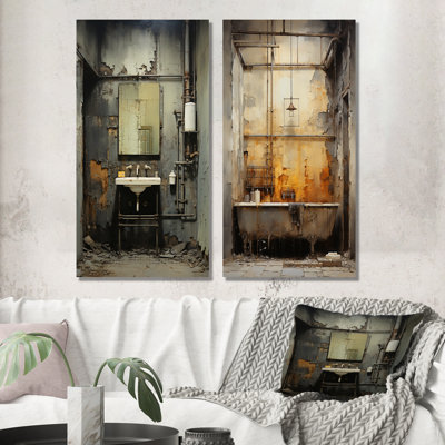 «Gray Industrial Minimalist Bath II» - ensemble de 2 reproductions d'art sur toile