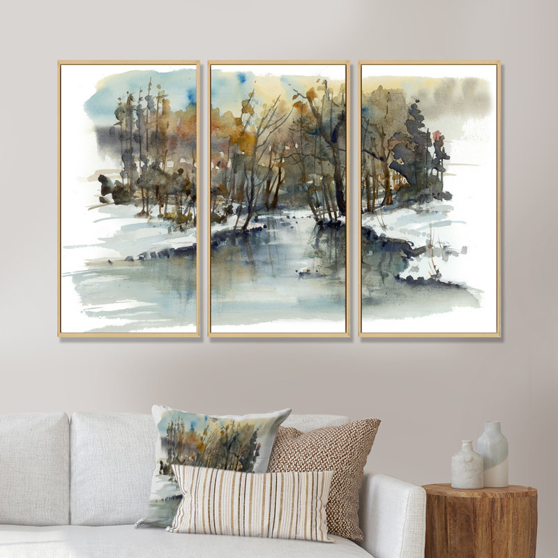 «River In Woods Watercolor», peinture sur toile 3 pièces, H 28 po x l 36 po x P 1 po, Blanc