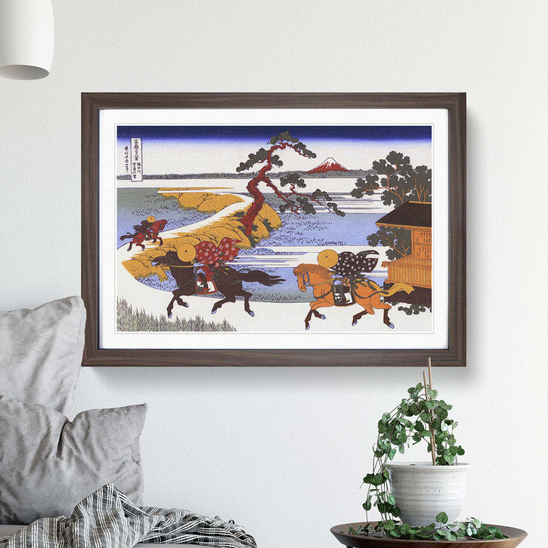 Horses in the Village of Sekiya by Katsushika Hokusai - Picture Frame Painting Print, 48cm H x 65cm W x 2cm D, Walnut Framed