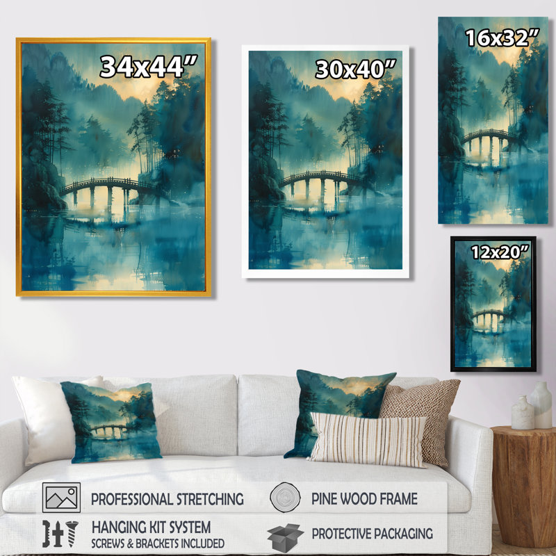Bleu, bleu, printemps, eau, bord, pont, ponts, art mural, salon, Toile tendue, 32" H x 24" W