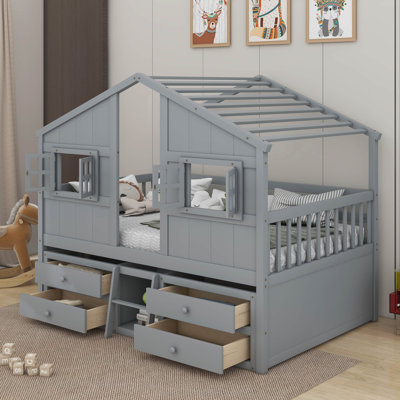 Full Size House Loft Bed With Roof, Windows,4 Storage Drawers