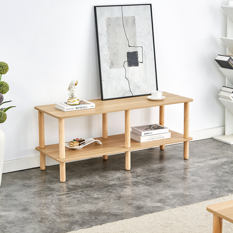 Modern 2-Tier TV Stand For Living Room Furniture,Rectangular Centre Table With Open Storage Shelf,Rounded Rubberwood Legs,Stable And Durable,Easy Assembly