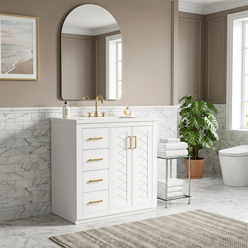 Ensemble de meuble-lavabo 30 po avec lavabo en céramique, meuble de rangement pour salle de bain avec cadre en bois massif, ensemble de meuble-lavabo autoportant avec 3 tiroirs et portes à fermeture douce