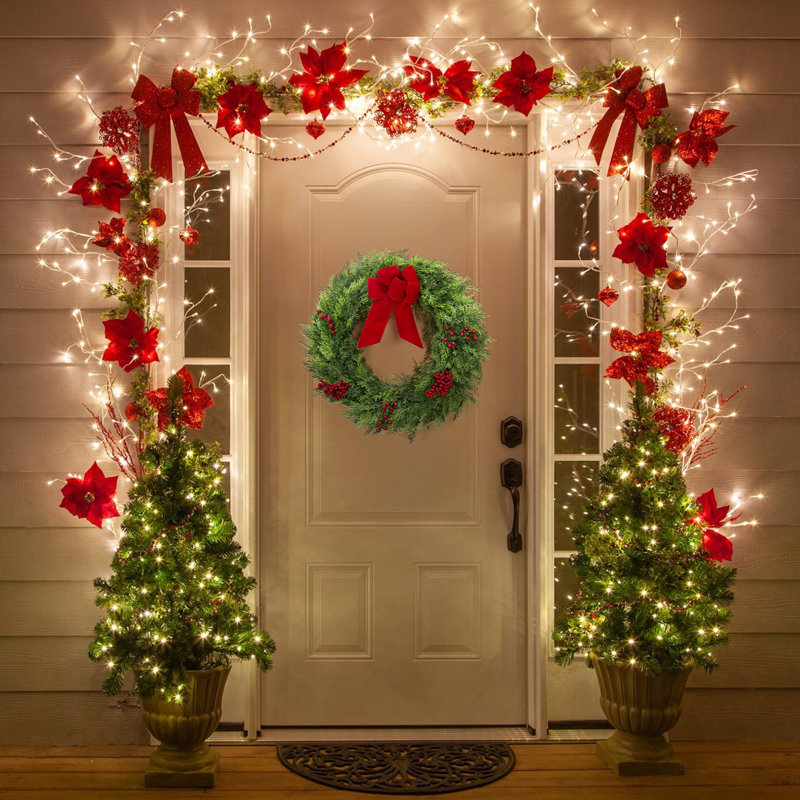 61cm Artificial Christmas Wreath, Lush Green Cypress Foliage with Red Bow and Berries, Indoor & Outdoor Holiday Front Door Wall Decor
