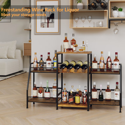 Large Capacity 4-Tier Wine Rack Organizer - Metal & Wood Freestanding Bar Cabinet with Guardrails - Holds 40+ Bottles, Space-Saving Floor Storage Shelf for Kitchen, Dining Room, or Home Bar, Brown