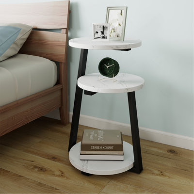 Petite table d'appoint ronde avec rangement à 3 niveaux - table de bout blanche et noire, table de chevet à structure métallique robuste, table basse compacte pour le salon de la chambre à coucher