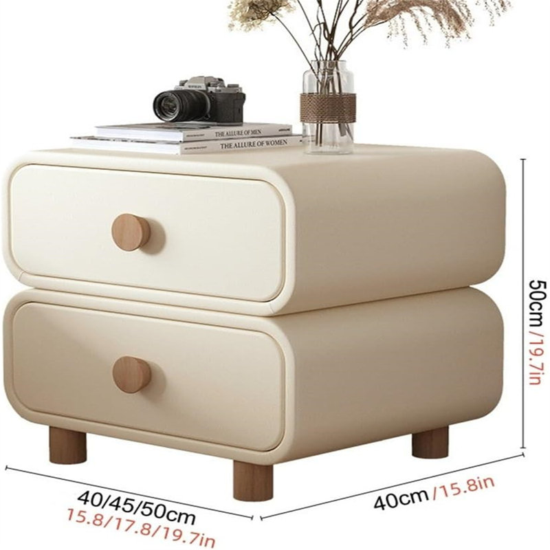 Modern Cream Nightstand with 2 Drawers, Solid Wood Round Handle & Rounded Corner Design, Small Bedside Table for Bedroom, Nursery & Small Space