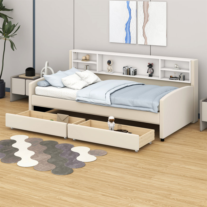 Lit plateforme tapissier avec rangement et tiroirs, Beige