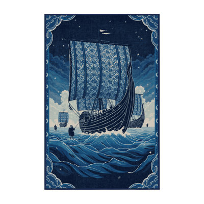 Machine Washable Rocco Viking Longship Battle Classic Oriental Rug in Blue – Navy Binding