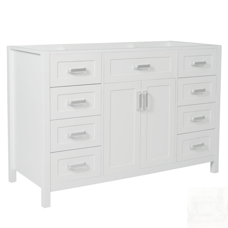 Armoire de salle de bain de style classique avec 2 portes et 8 tiroirs à fermeture en douceur, Blanc