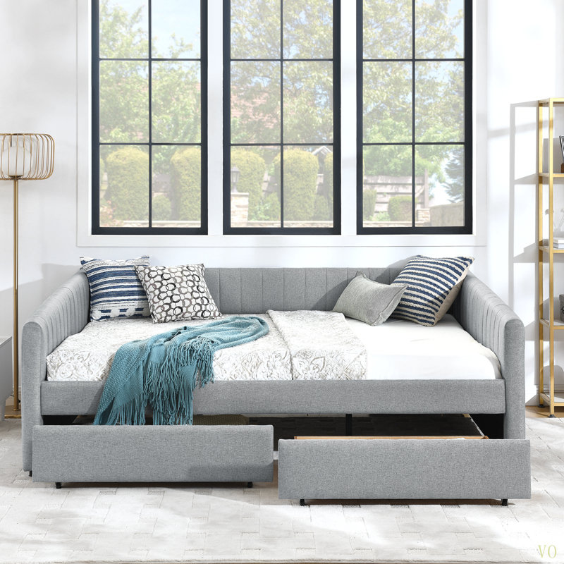 Queen Size Daybed With Two Drawers Trundle Upholstered Sofa Bed, With Vertical Stripes Linen Fabric (86.5"X65"X30")