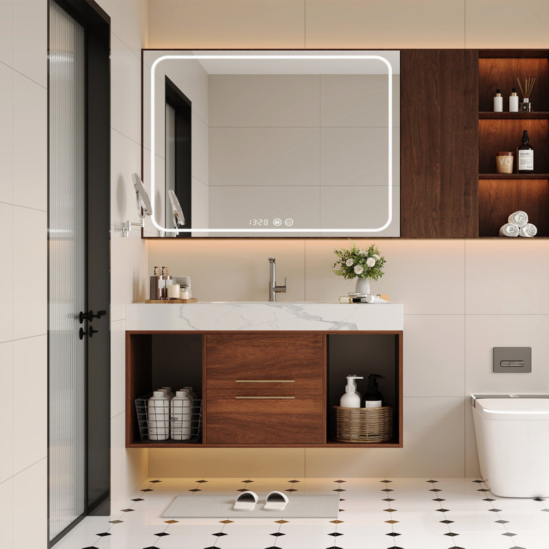 Meuble-lavabo mural flottant de 39,4 po avec lavabo en céramique, 2 tablettes ouvertes, pierre frittée blanche, conception moderne pour une utilisation de l'espace