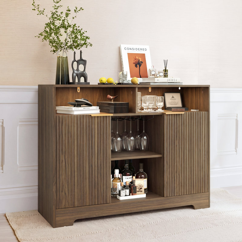 47.2'' W Modern 2-Door Fluted Sideboard With Adjustable Shelves & LED Light, Light Walnut