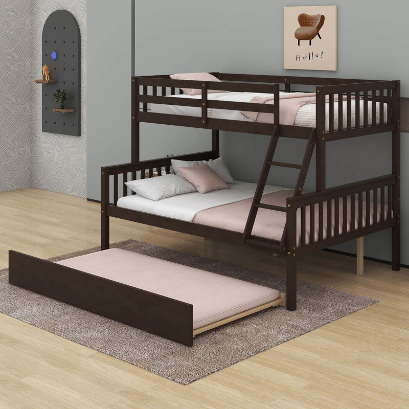  Keirlyn Twin Over Full Rubber Wood Bunk Bed With Trundle,  Convertible Bed, With Twin Size Trundle, Espresso