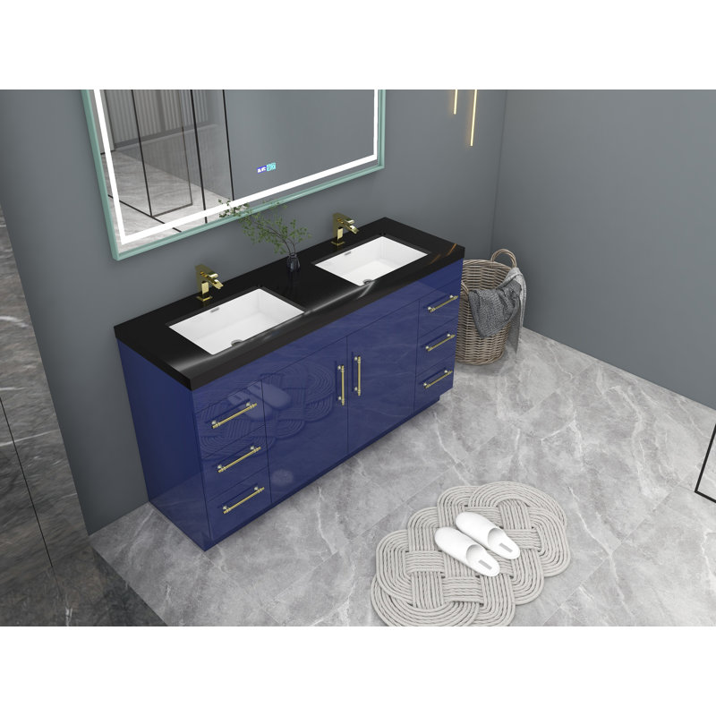 Ensemble de meuble-lavabo double 60 po Campbelle, Bleu nuit brillant, Or mat