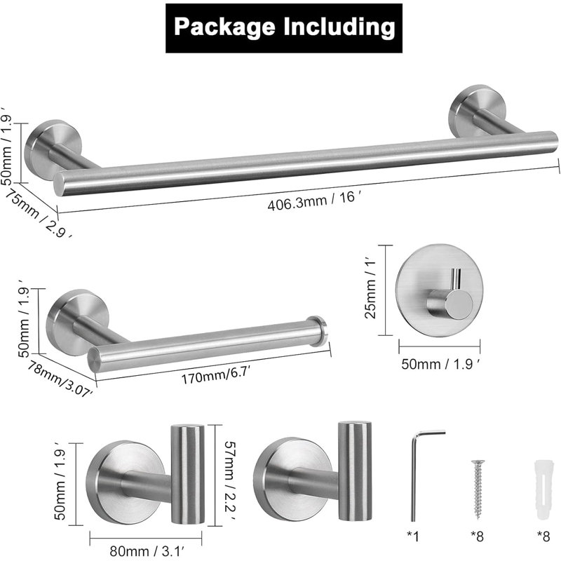 5-Piece Bathroom Hardware Set, SUS 304 Stainless Steel Towel Bar Set With 16-Inch Towel Rod, Toilet Paper Holder And 3 Multi-Functional Hooks