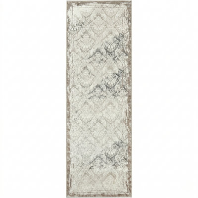 Performance Damask Transitional Beige/Ivory Indoor Runner Rug