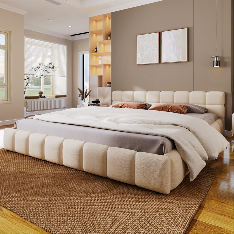 Élégant lit tapissier en chenille avec motif à damier, très grand, Très grand, Cream