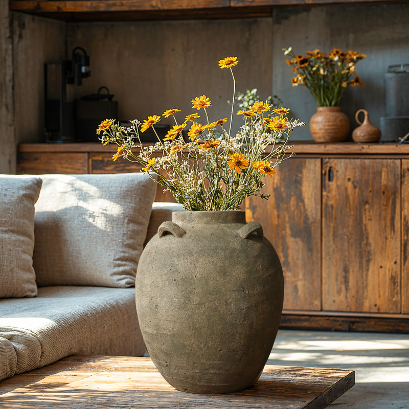 Handcrafted Distressed Terracotta 15.4" H Round Vase
