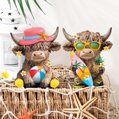 2 pièces de décorations de vache Highland Summer pour la maison, figurines de vache Highland Beach Seaside pour plateau à plusieurs niveaux, cuisine, bureau, table, manteau de cheminée