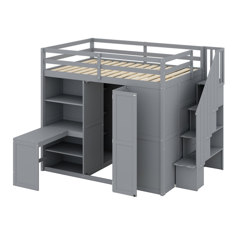 Loft Bed With Wardrobe,Desk And Shelves, Grey