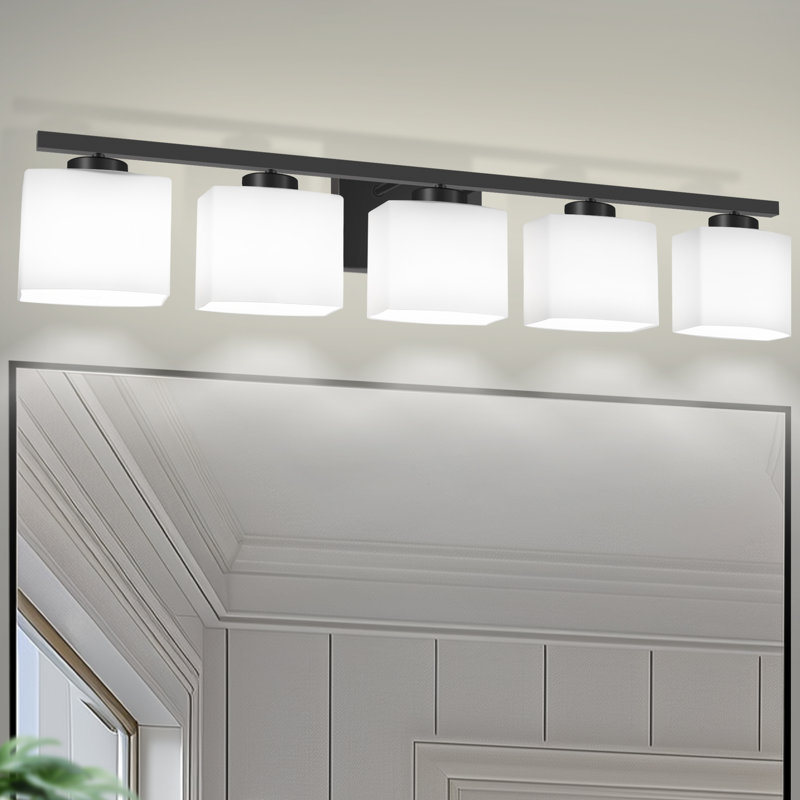 Modern 5-Light Black Vanity Fixture With Frosted Glass Shades
