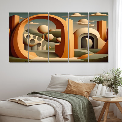 «Abstract Architecture In Retro Orange Lanscape» - Décoration murale paysage abstrait - 5 panneaux égaux