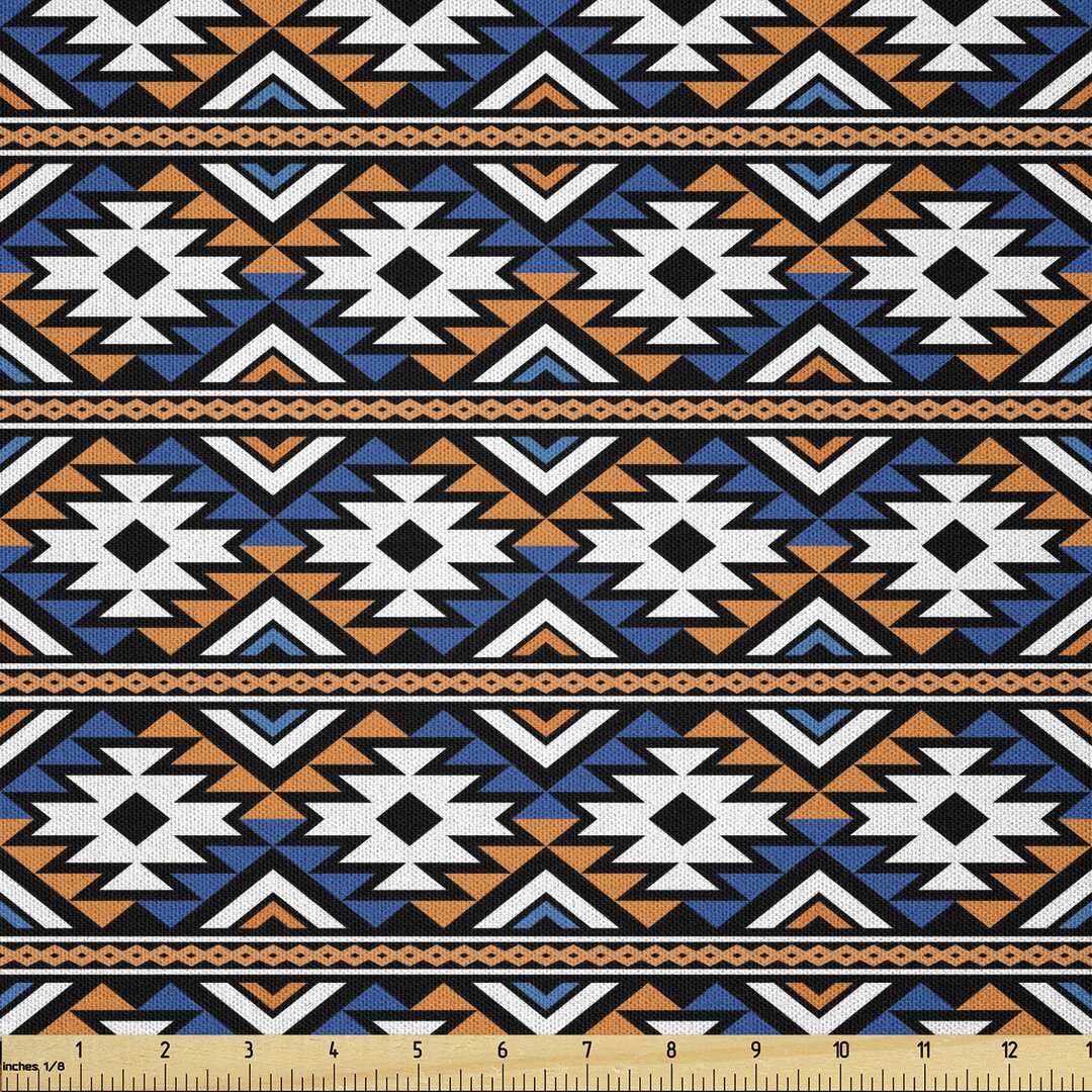 Stoff als Meterware, geometrische Muster, Boho, Orange Blau und Weiß