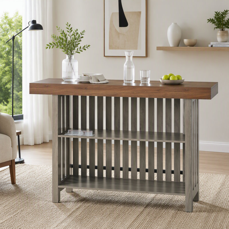Buffet 3 en 1, table de comptoir et table de bar avec rangement pour bouteilles de vin, Gris/brun