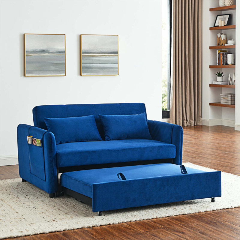 Canapé-lit en velours de 53,94 po Joedon, Velours bleu