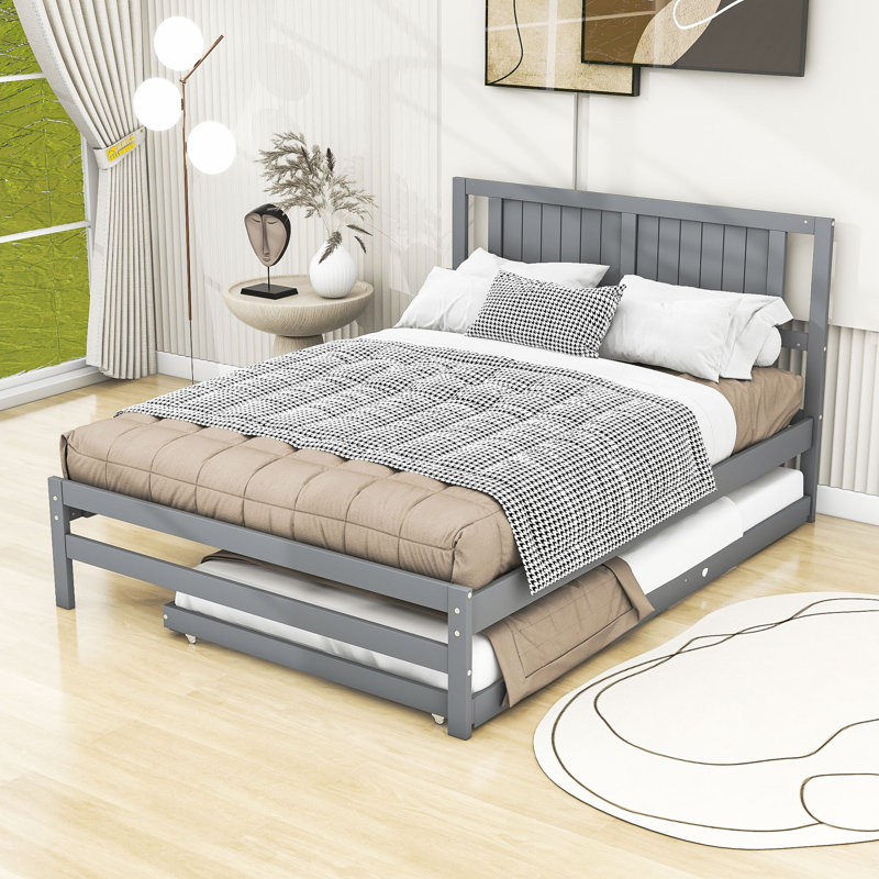 Lit plateforme double en bois avec lit gigogne Daryna, gris