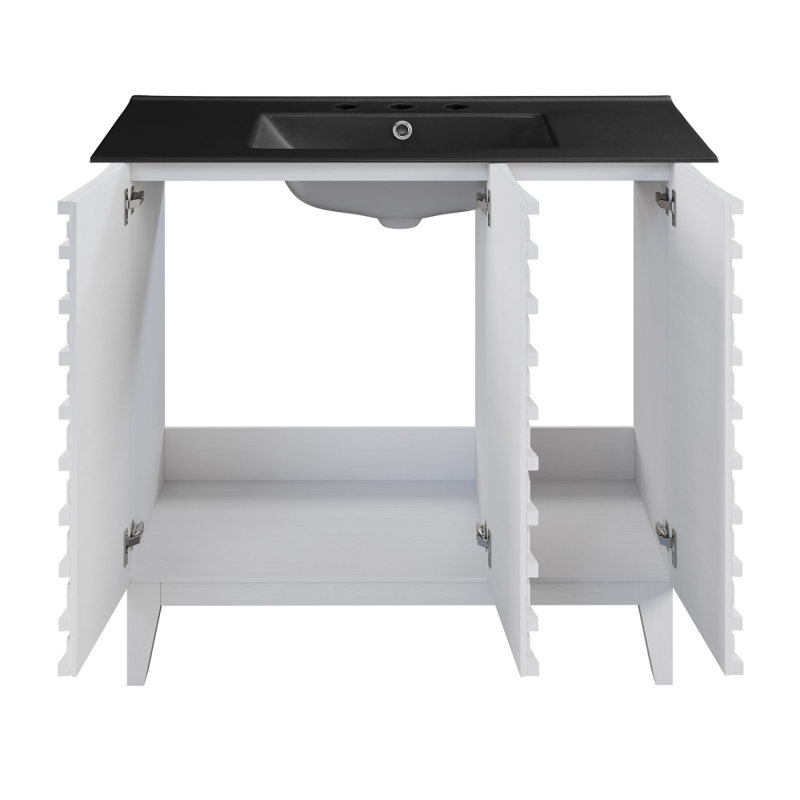 Meuble-lavabo en chêne blanc Cascade 36 po avec comptoir en céramique noir à 3 trous, Noir, Blanc