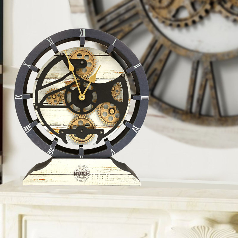 Desk wooden Clock Round 10 inches with Real Moving Gears (Transformable into a Wall Clock - detachable base) Canada Collection