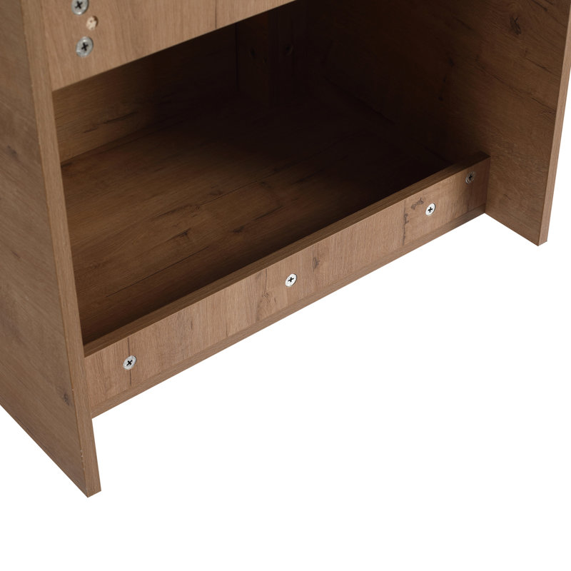 Meuble-lavabo de salle de bain de 122 cm (48 po) avec lavabo en céramique décorative, 2 étagères de rangement, porte à fermeture amortie, contreplaqué – style contemporain, imitation chêne, dimensions des étagères : 114 cm (45 po), poignées dissimulées