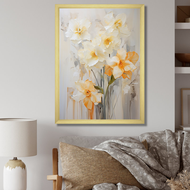 Minimalisme, fleurs de jonquilles blanches et orange I sur toile, Cadre photo noir, H 40 po x l 30 po