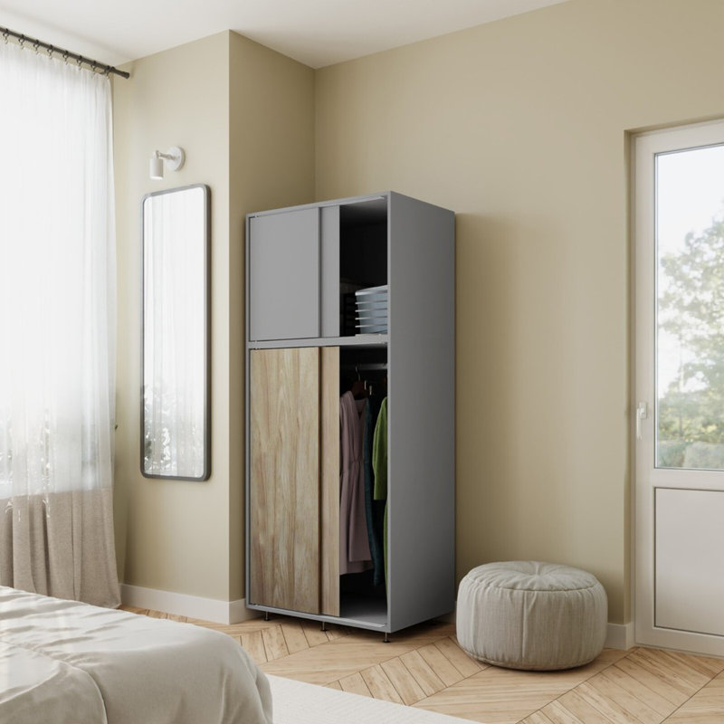 4 Door Solid Wood Wardrobe, Grey/Oak