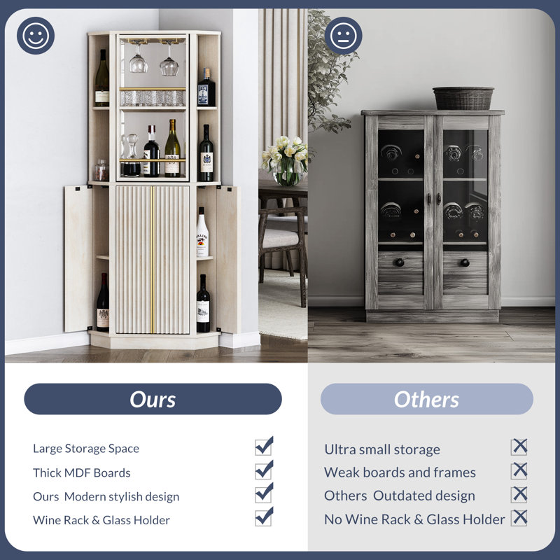 White Sand 68" Corner Bar Cabinet with Rotating Wine Rack