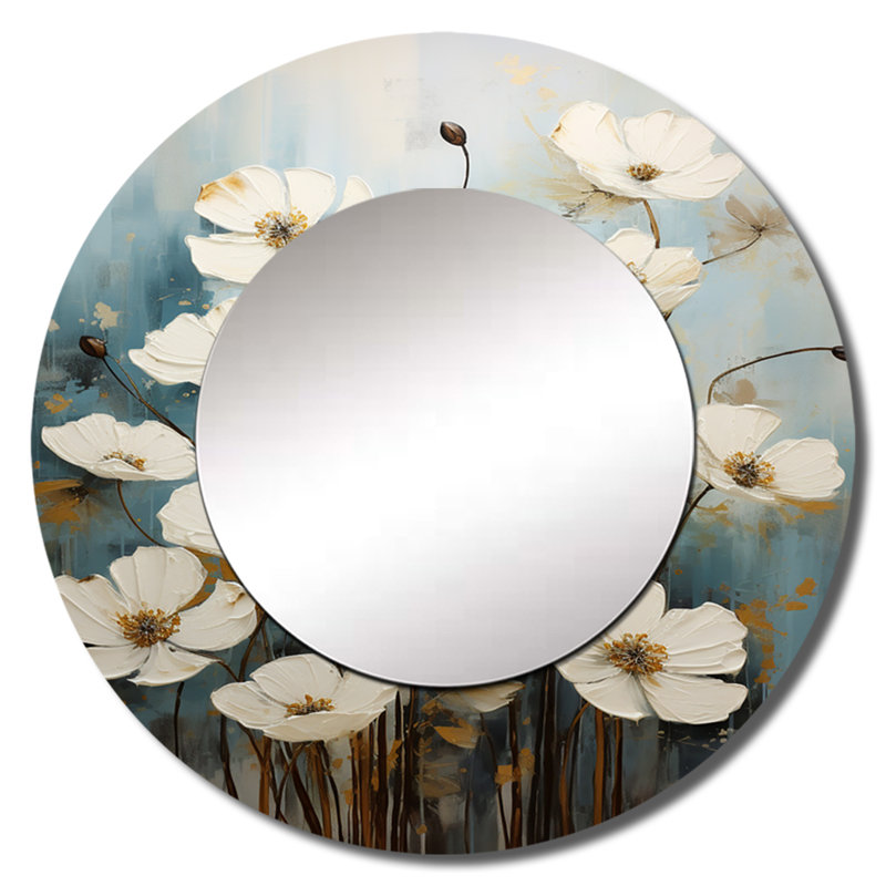 «White Buttercups On Beige Simplicity IV», miroir mural rond traditionnel, impression sur métal, 29 po x 29 po