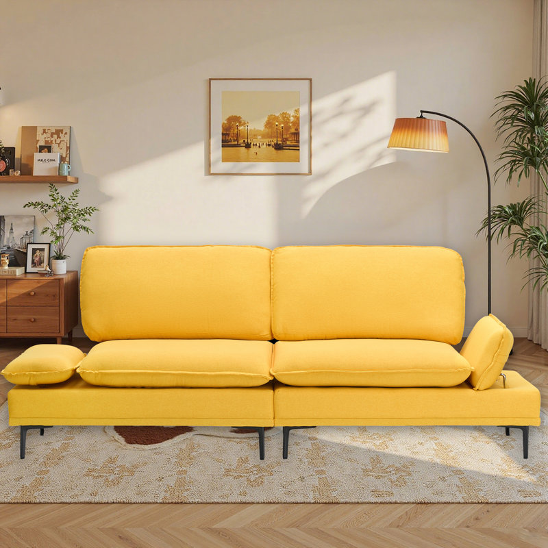 89 Inch Cotton And Linen Sofa, Minimalist Double Sofa, Yellow