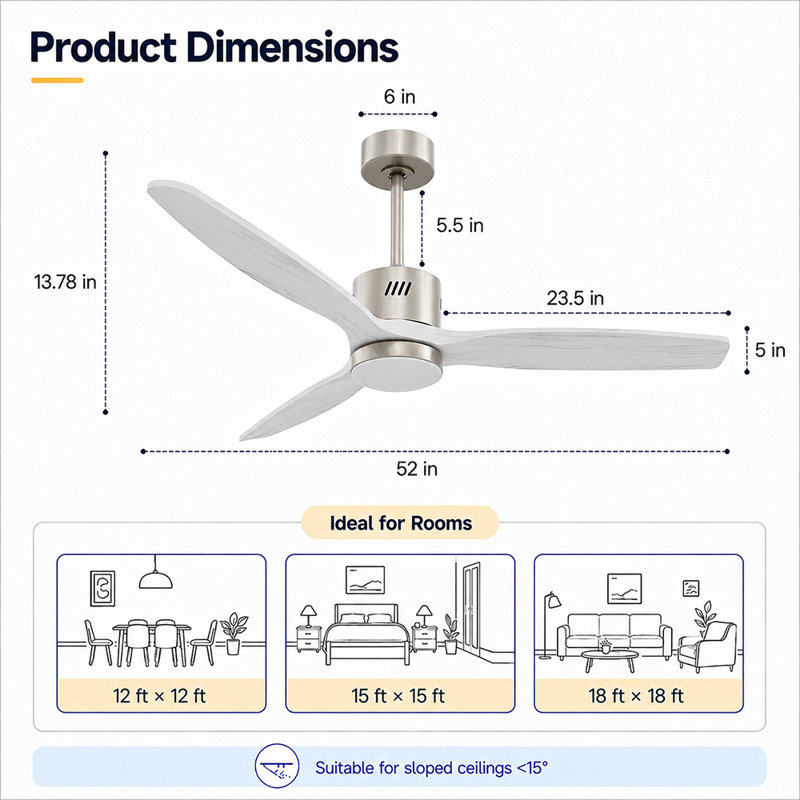 Ventilateur de plafond moderne Alden de 52 po avec tige de suspension, éclairage DEL, moteur CC réversible à 6 vitesses et télécommande.