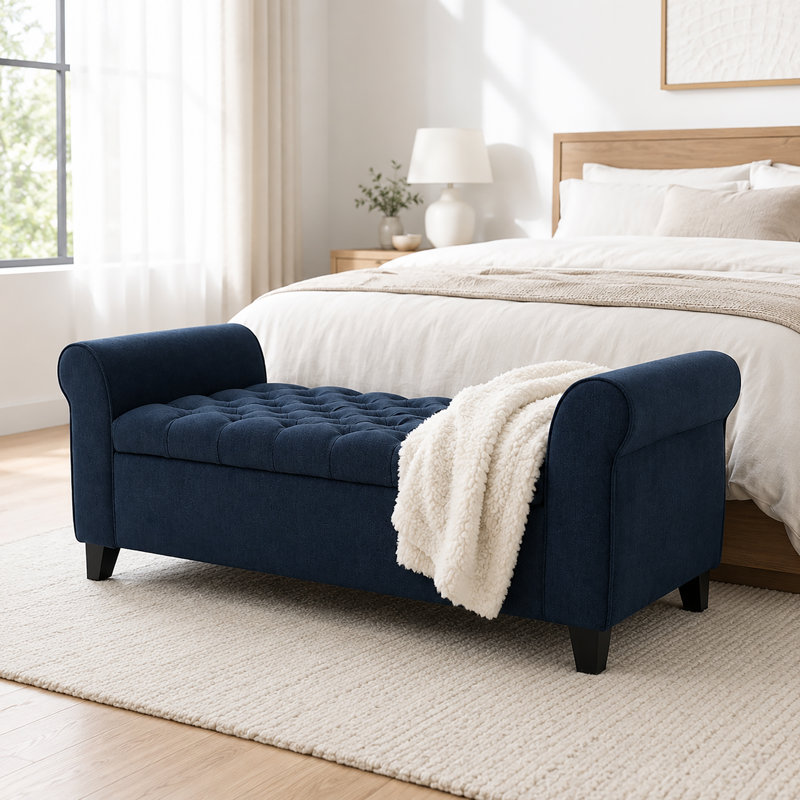 Bridgemon Fabric Upholstered Storage Bench, Navy Blue