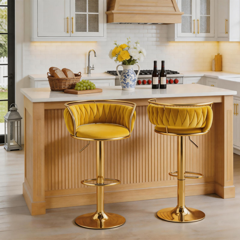 Christal Swivel Upholstered Adjustable Height Counter Stool, Yellow, Gold