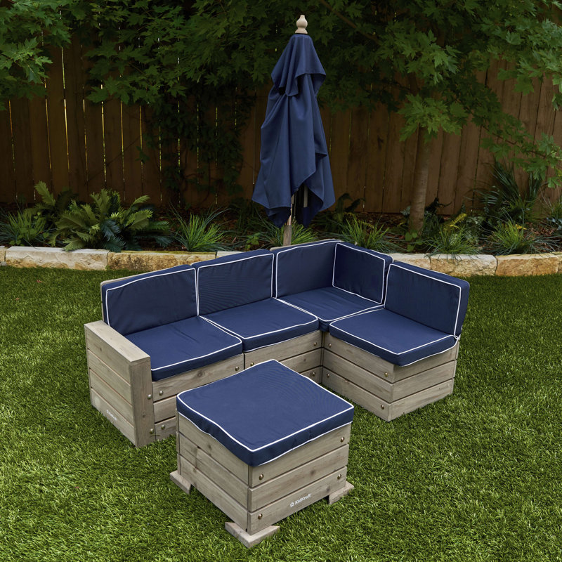Kids Barnwood Gray and Navy Outdoor Sectional Set with Umbrella