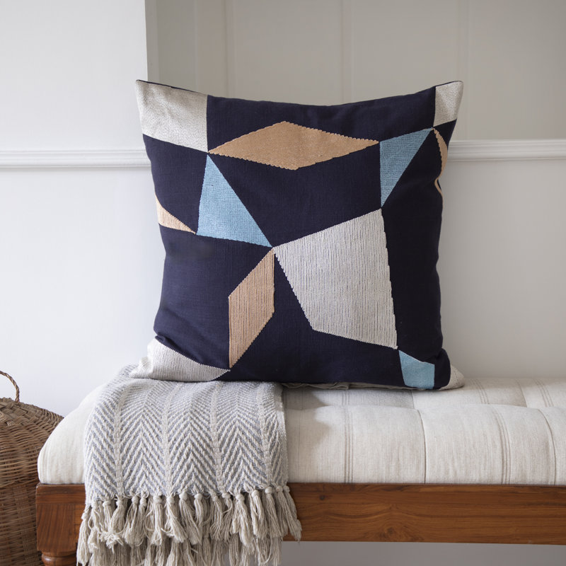 Blue Ivory Beige Embroidered Cotton Blend Square Throw Pillow