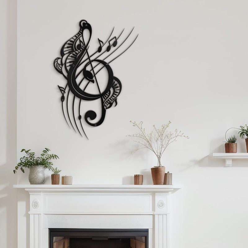 Music Notes Modern Abstract Wall Accent Sculpture Hanging Decoration Metal Wall Decor, 36" H x 25.53" W x 0.05" D, Blck